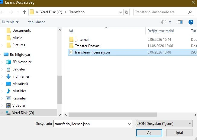 Transferio lisans dosyası seçimi